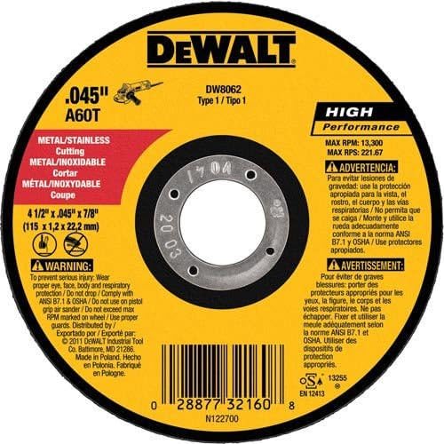 DEWALT 4 1/2 Cut Off Wheel, Angle Grinder Cutting Disc, 5 Pack, Aluminum Oxide Abrasive Chop with 7/8 Arbor for Metal Cutting, Grinding Wheels 4 1/2 in x .045 in (DW8062B5)