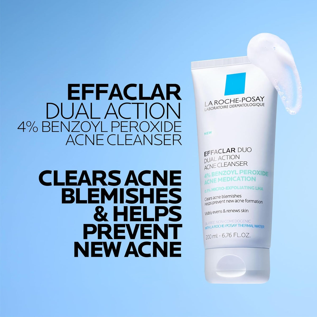 La Roche-Posay Effaclar Dual Acne Face Wash With 4% Benzoyl Peroxide & LHA Exfoliant, Acne Treatment Help Clear & Prevent Blemishes, Paraben Free & Oil Free Wash, 6.76 Fl Oz