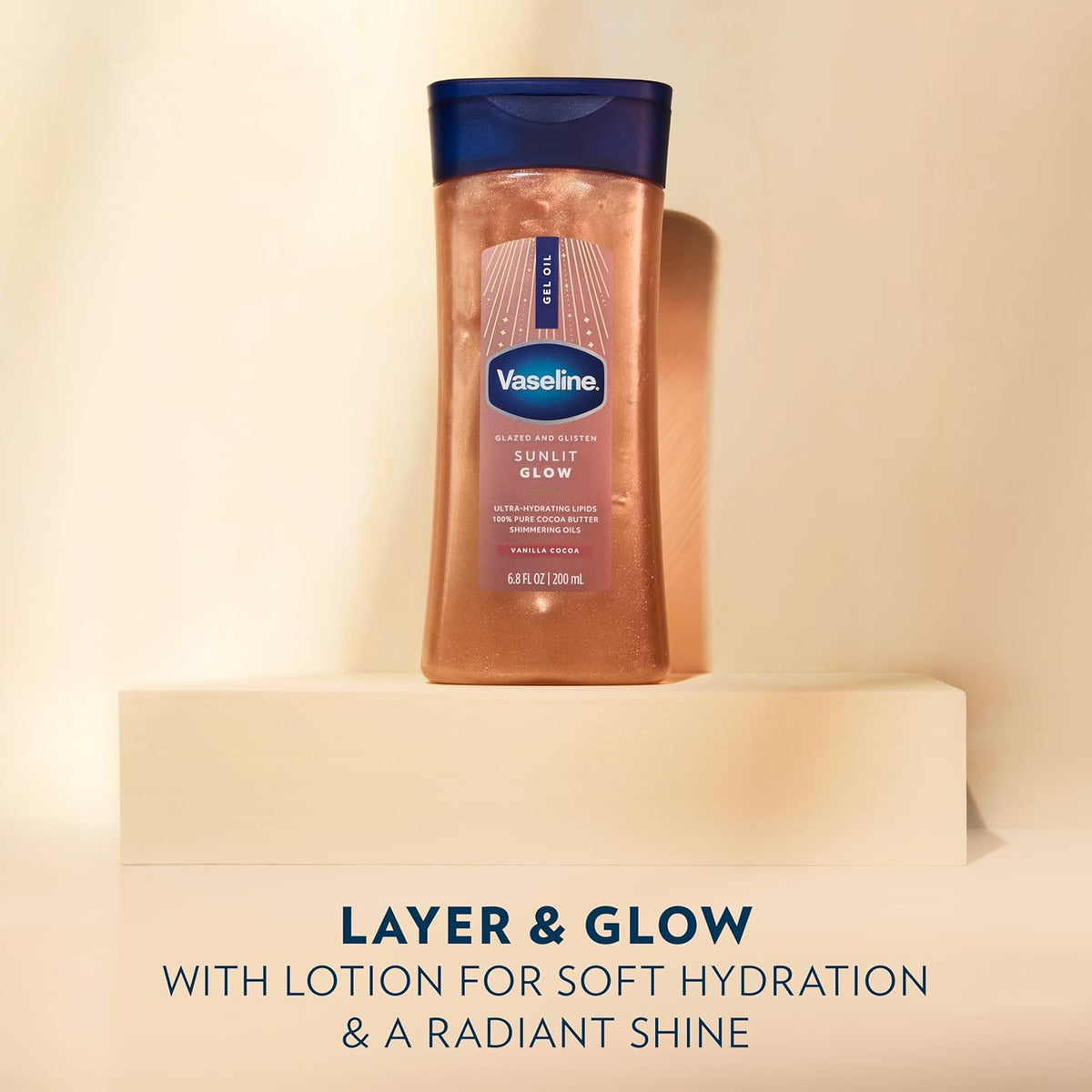 Vaseline Glazed and Glisten Sunlit Glow Body Gel Oil Vanilla Cocoa Shimmering with Ultra-Hydrating Lipids and 100% Pure Cocoa Butter, 6.8 Oz