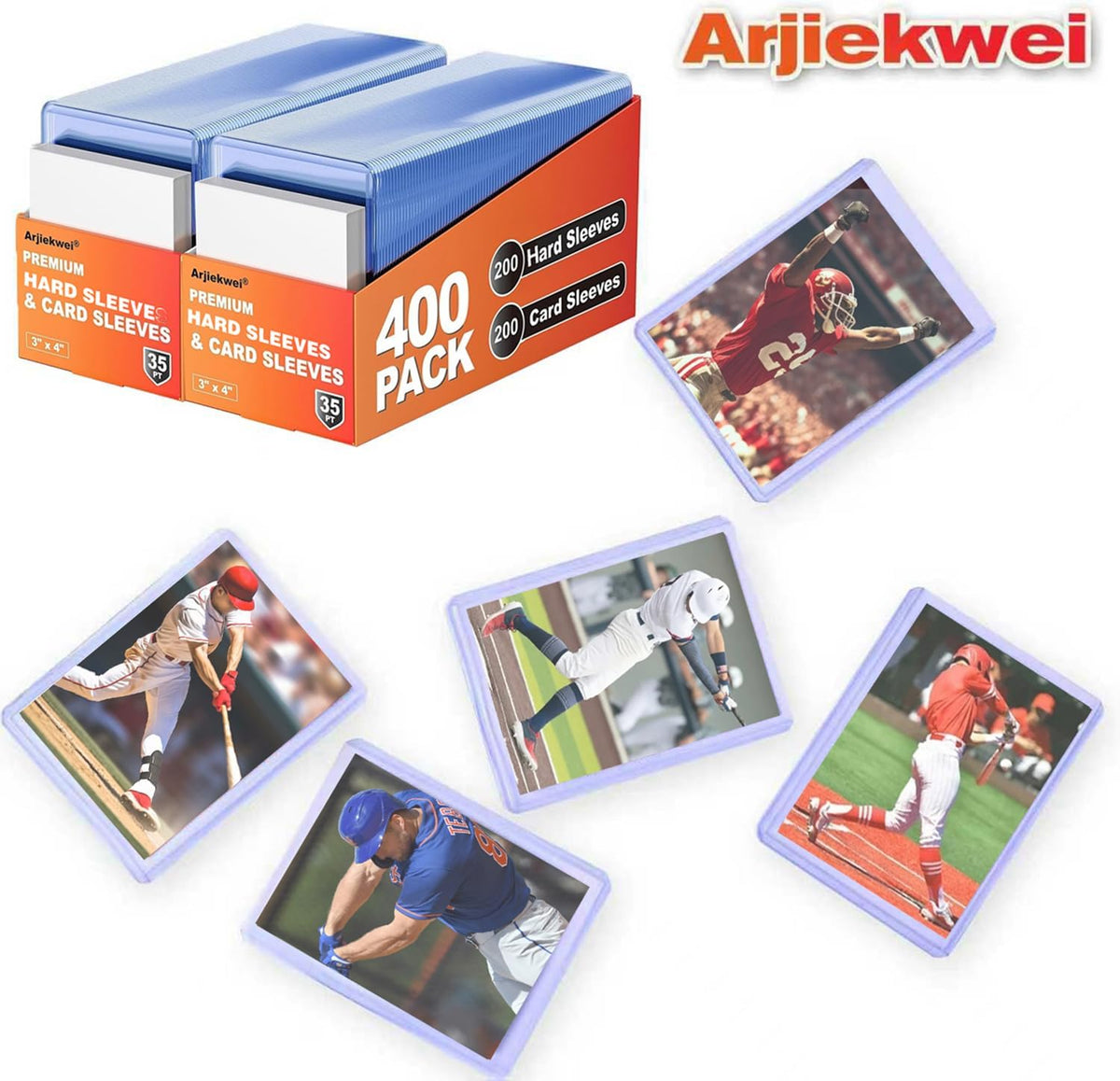 400 Card Sleeves Hard Plastic, Arjiekwei 3"X4" Baseball Cards Protectors Plastic, Premium Card Holder for Trading Sports Baseball Football Game Cards (200 Hard Sleeve + 200 Soft Sleeve)