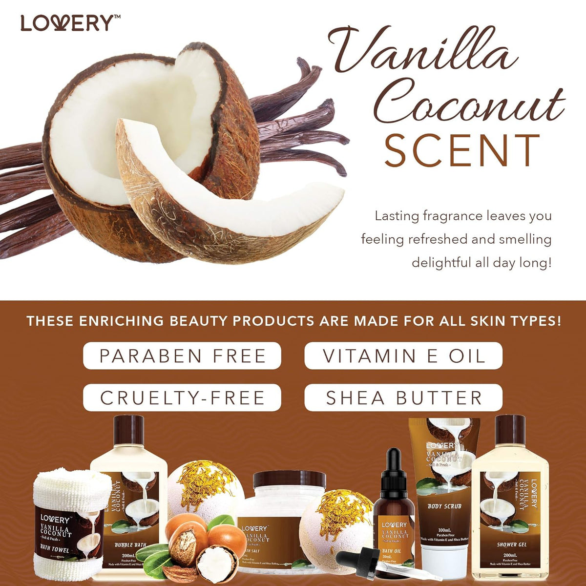 Gifts For Women Gift Basket for Women?9 Piece Set of Vanilla Coconut Home Spa Set, Luxurious Gifts for Her, Bath and Body Sets Includes Fragrant Lotions, Large Bath Bombs, Coconut Oil
