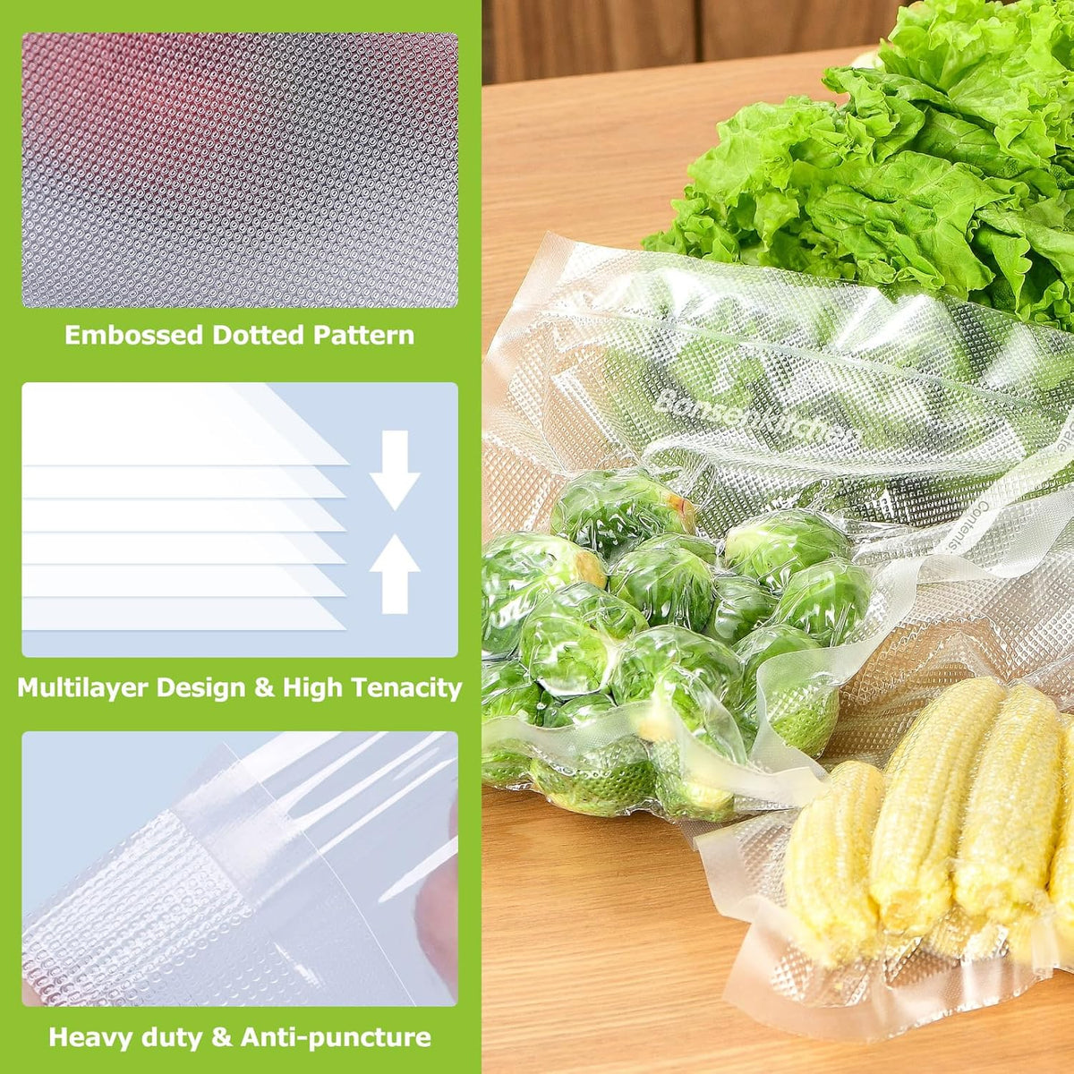 Bonsenkitchen Vacuum Sealer Rolls Bags, 6 Pack 3 Rolls 11" x 20' + 3 Rolls 8" x 20' Commercial Grade BPA Free Bag Rolls, Durable Customized Size Food Vac Bags for Storage and Sous Vide Cooking VB3211