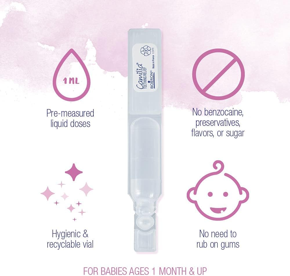Boiron Camilia Teething Drops for Daytime and Nighttime Relief of Painful or Swollen Gums and Irritability in Babies - 40 Liquid Droppers Bundled in 8 separate packs of 5