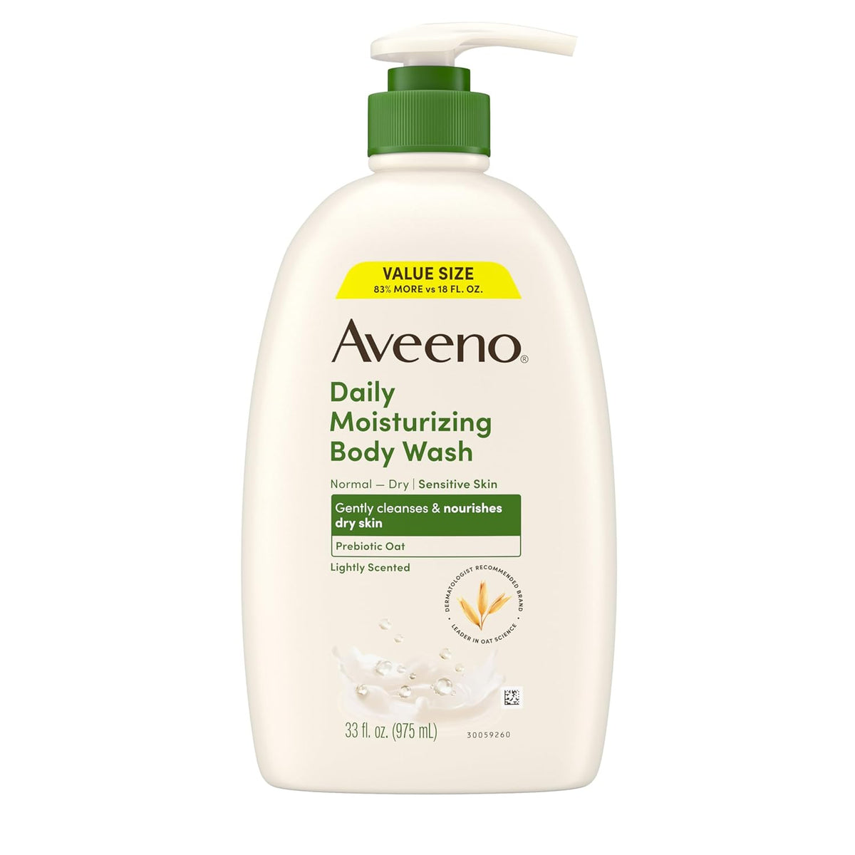 Aveeno Daily Moisturizing Body Wash for Dry & Sensitive Skin + Prebiotic Oat, Body Wash Gently Cleanses & Nourishes Dry Skin, Lightly Scented, Value Size, 33 fl. oz
