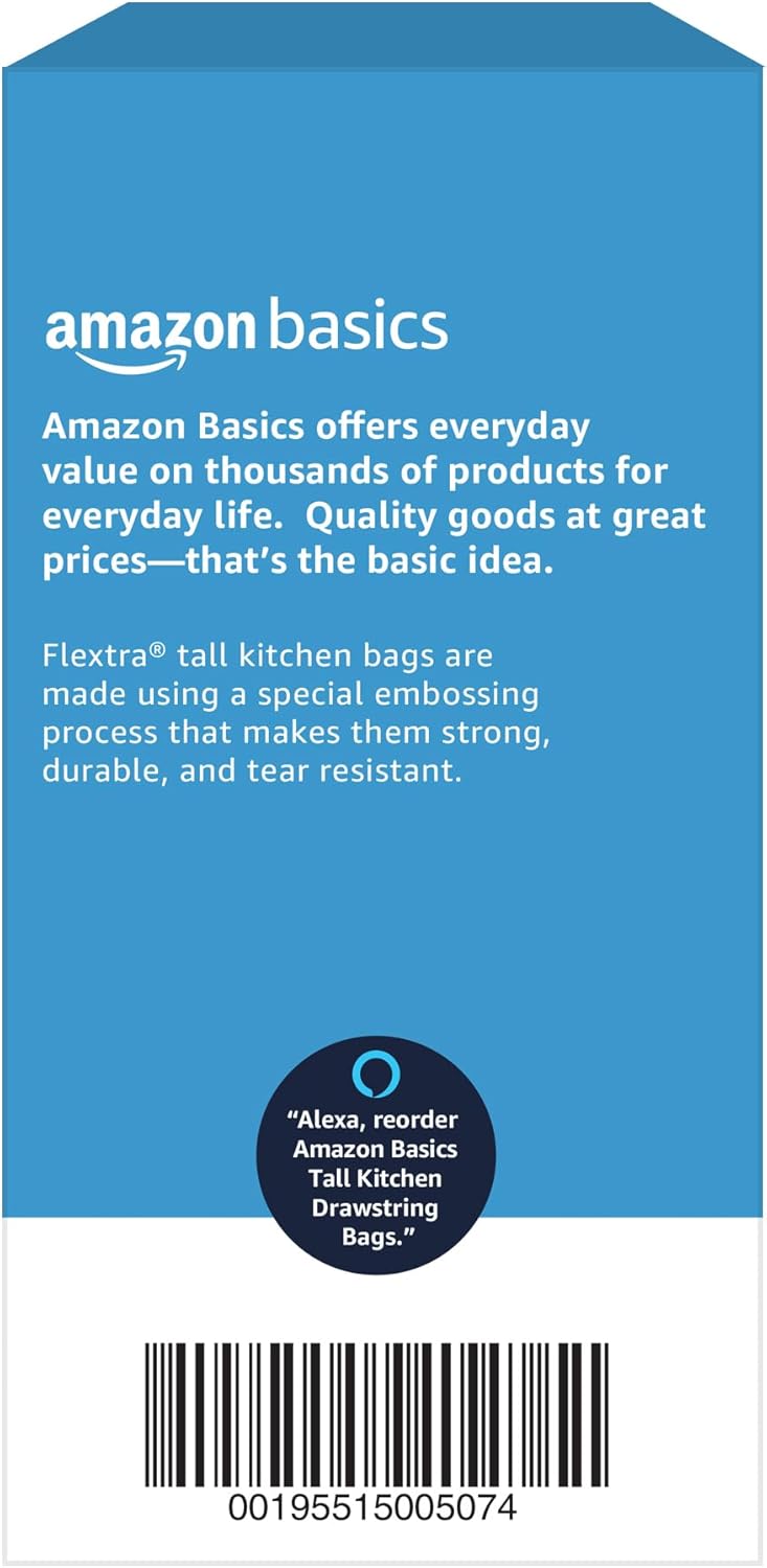 Amazon Basics Flextra Tall Kitchen Drawstring Trash Bags, 13 Gallon, 120 Count