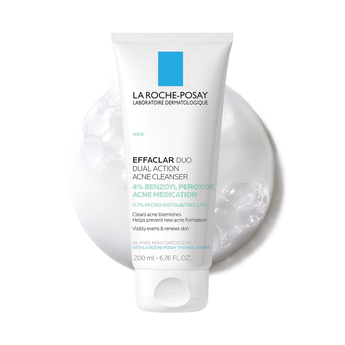La Roche-Posay Effaclar Dual Acne Face Wash With 4% Benzoyl Peroxide & LHA Exfoliant, Acne Treatment Help Clear & Prevent Blemishes, Paraben Free & Oil Free Wash, 6.76 Fl Oz