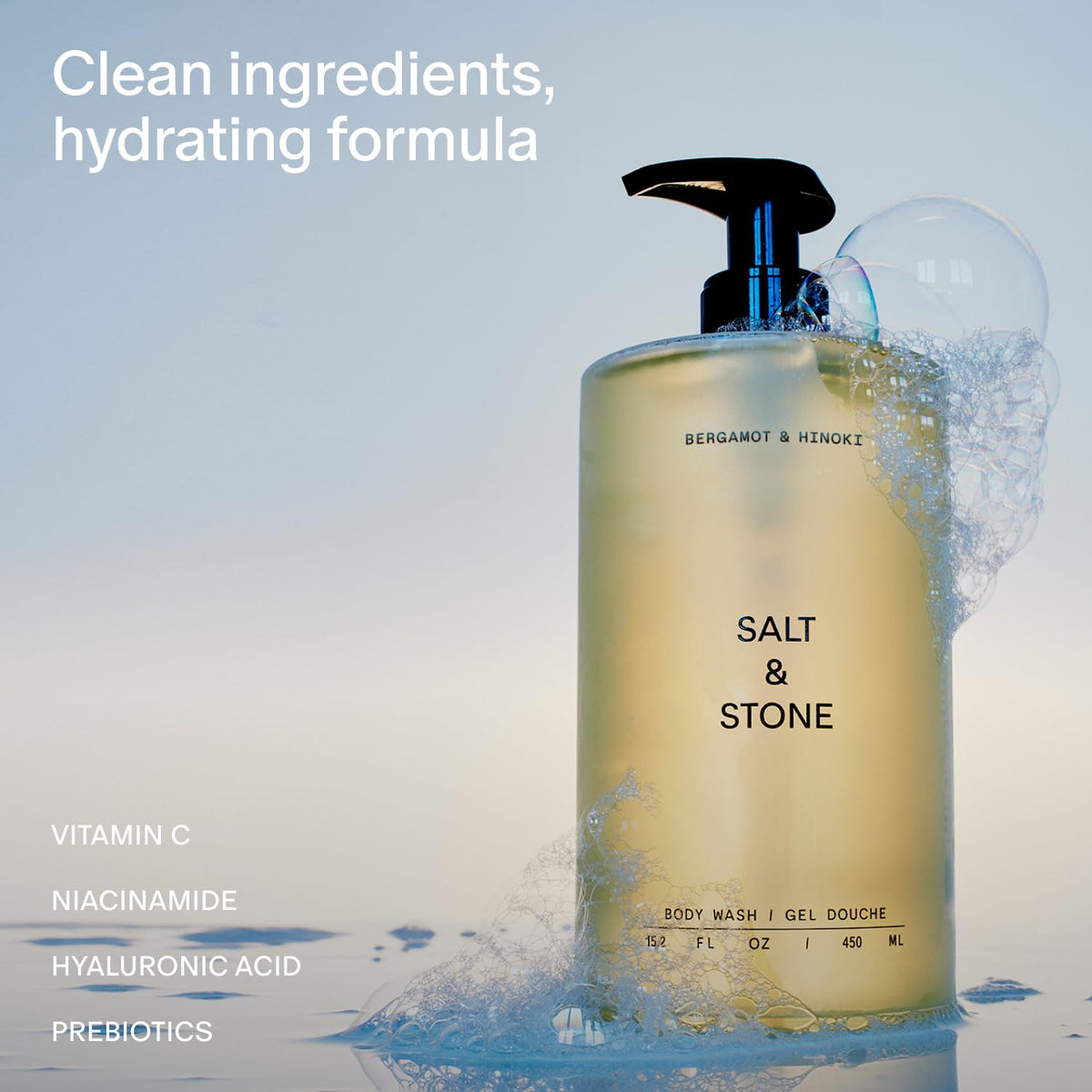 Salt & Stone Body Wash with Antioxidants for Deep Moisture | For Women & Men, Sulfate, Paraben, & Dye Free, Leaving Skin Soft and Hydrated | Bergamot & Hinoki 15.2 fl oz