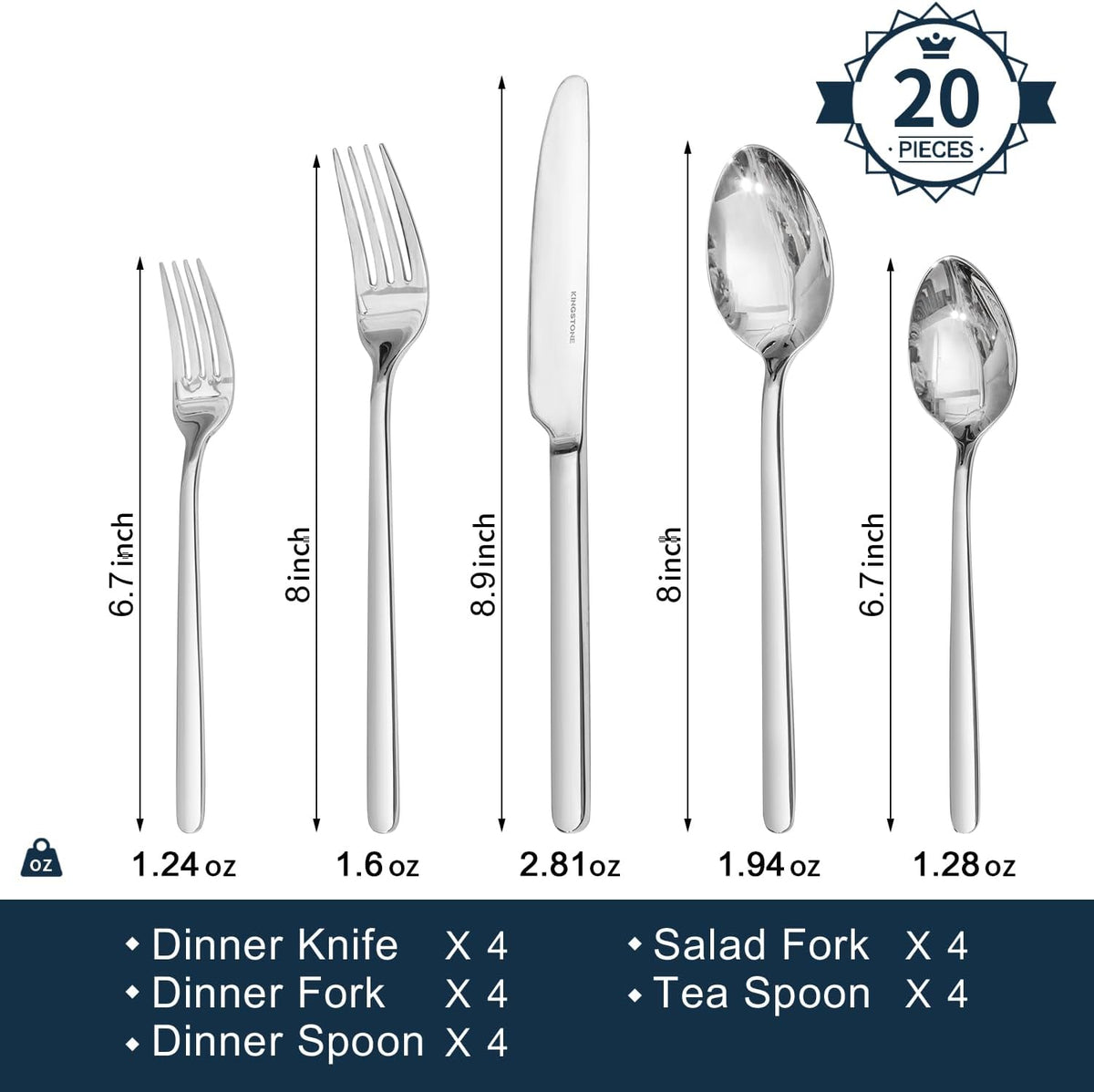 KINGSTONE Silverware Set, 20 Piece Flatware Cutlery Set for 4, 18/10 Stainless Steel Silverware Mirror Polished Dishwasher Safe for Home, Restaurant, Wedding, Party(Silver, 20 pieces for 4)