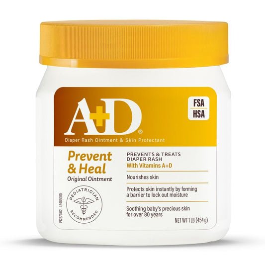 A+D Original Diaper Rash Ointment Prevents & Treats Diaper Rash, Moisturizing Skin Protectant with Vitamins A & D, Healing Skin Ointment for Dry and Cracked Skin 16 oz