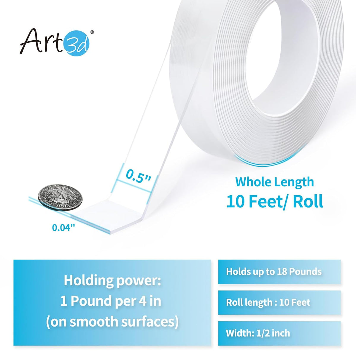 Art3d Double-Sided Mounting Tape (10FT), Multipurpose Removable Adhesive Foam Tape, Transparent, Household