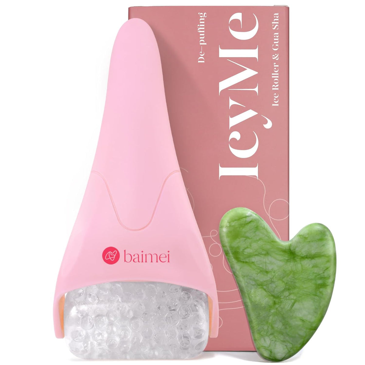 BAIMEI IcyMe Ice Roller for Face and Gua Sha Facial Tool Set, Ice Face Roller Reduces Puffiness Relieves Migraines Skin Care Tools, Self Care for Women - Pink