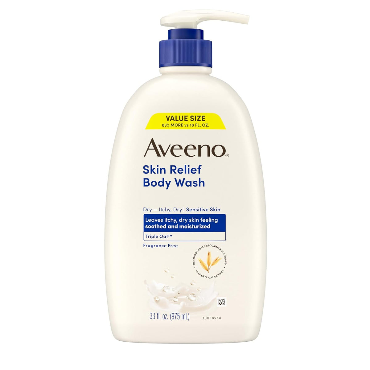 Aveeno Skin Relief Fragrance-Free Body Wash with Triple Oat?Complex, Gentle Daily Cleanser for Sensitive Skin Leaves Itchy, Dry Skin Feeling Soothed & Moisturized, 33 fl. oz