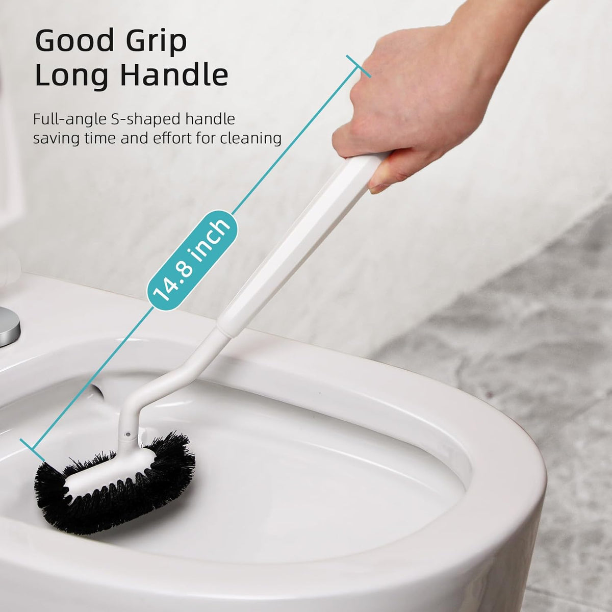HAMITOR Toilet Bowl Brush Holder Set: Bathroom Deep Cleaning Toilet Cleaner Scrubber Under Rim with Curved Bristle for Dead Corner Clean - Hidden Rv Toilet Decorative Accessories with Caddy- White