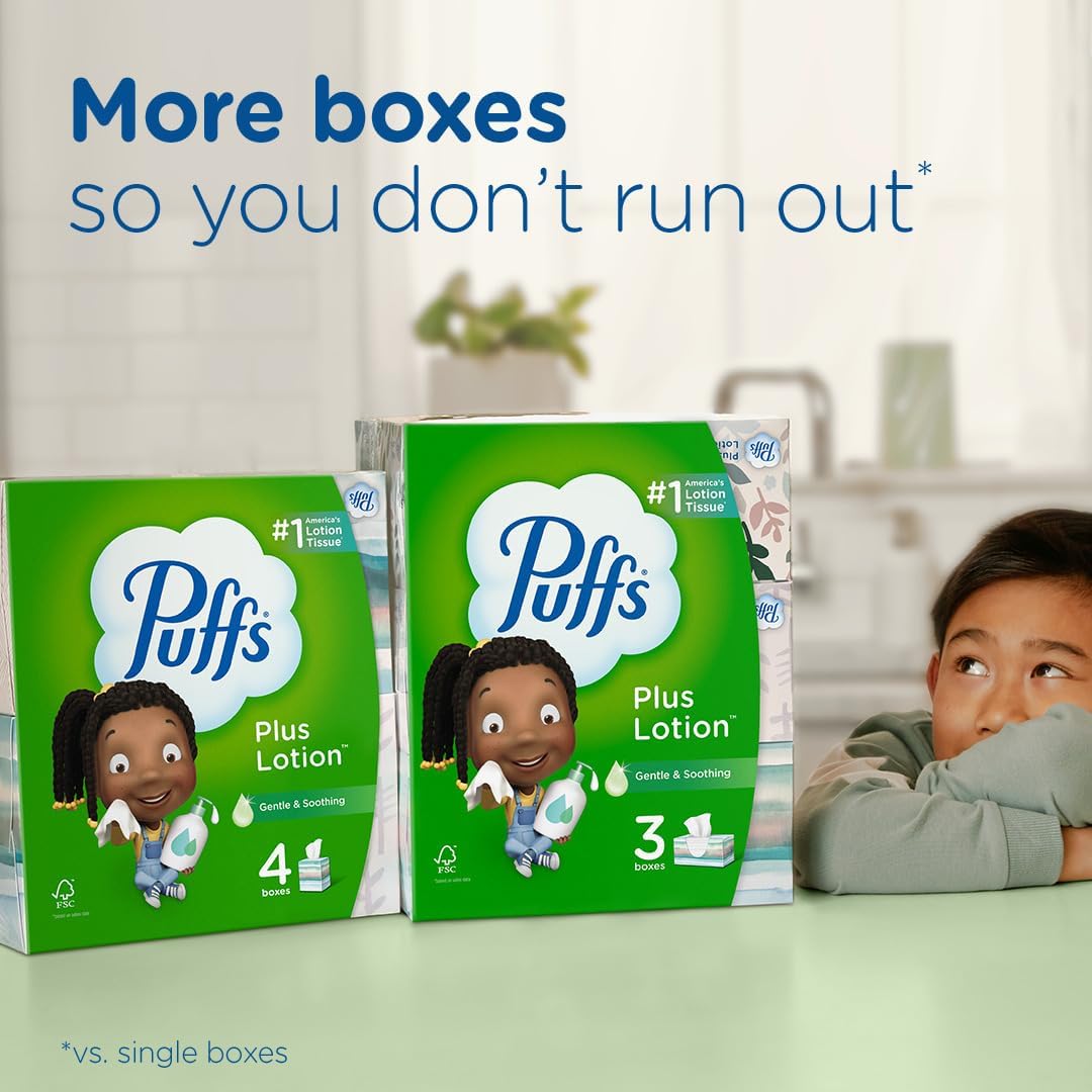 Puffs Plus Lotion Facial Tissues, 8 Family Boxes, 124 Facial Tissues per Box, Allergies and Colds