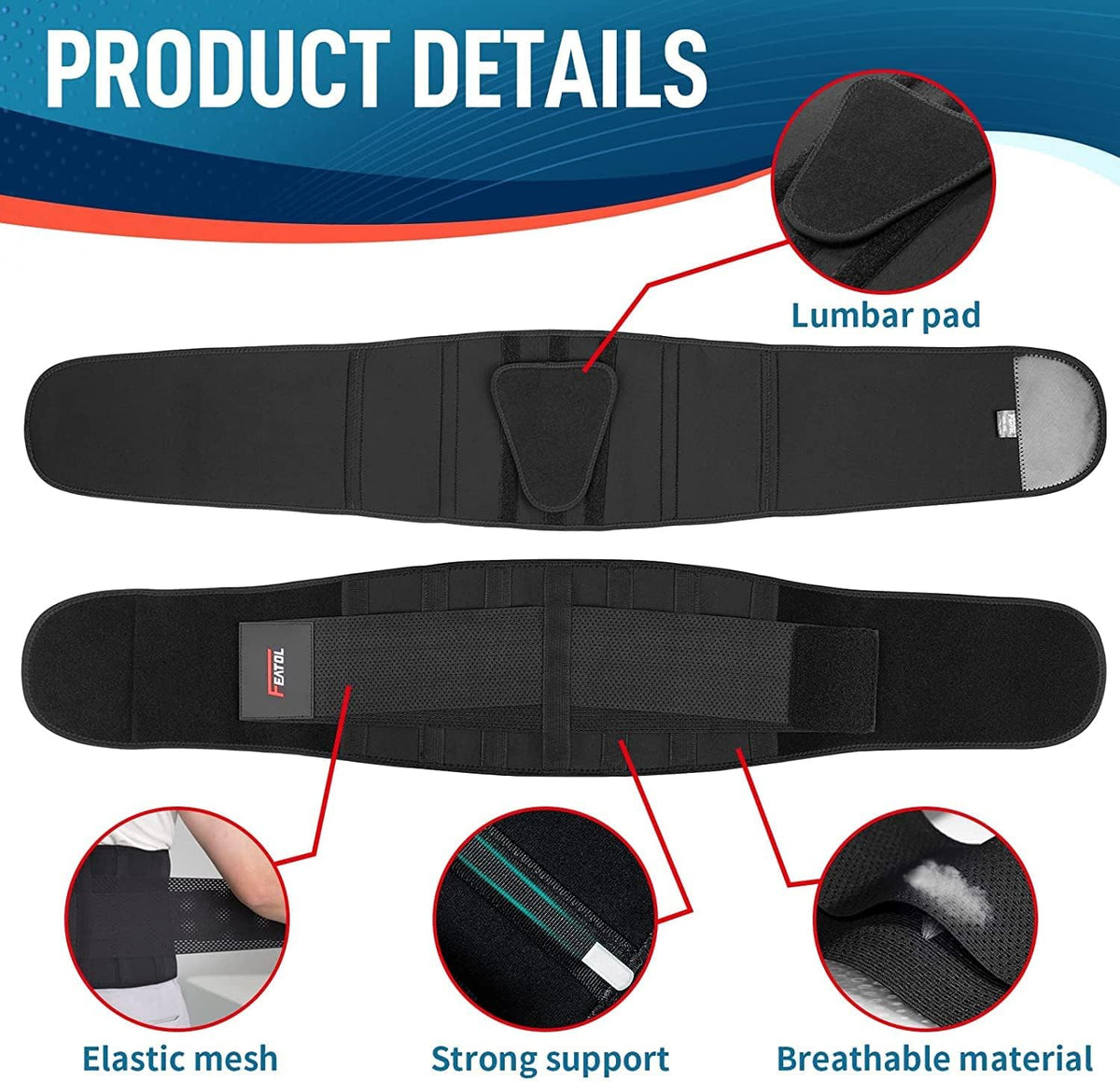 FEATOL Back Brace Support Belt-Lumbar Support Back Brace for Back Pain, Sciatica, Scoliosis, Herniated Disc Adjustable Support Straps-Lower Back Brace with Removable Lumbar Pad for Men & Women