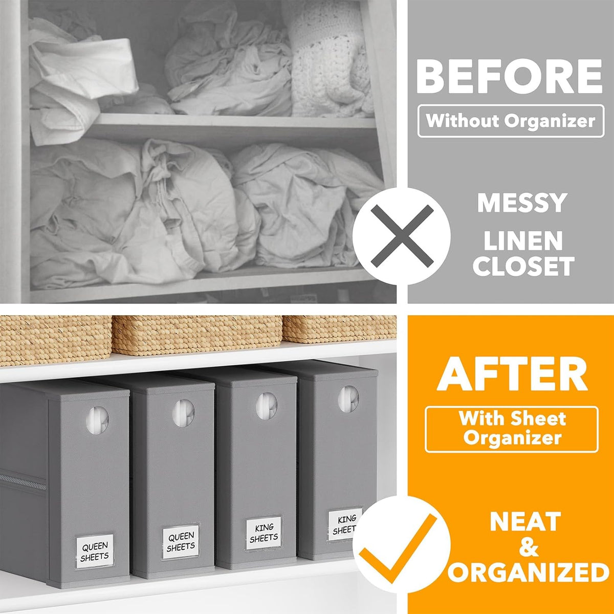 SpaceAid 4 Pack Bed Sheet Organizers and Storage, Foldable Organizer for Linen Closet, Sheets Set Folder Keeper with Window XL (Queen & King Size) Organizing Bedding Container, Gray 91ZDSN-SL01-G4