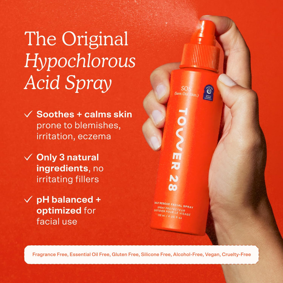 Tower 28 SOS Daily Rescue Facial Spray - Hypochlorous Acid Spray to Help Reduce Redness, Calm Irritation + Alleviate Flare-Ups - Soothing + Purifying Face Toner - Everyday Skin Care Essential (4 oz)