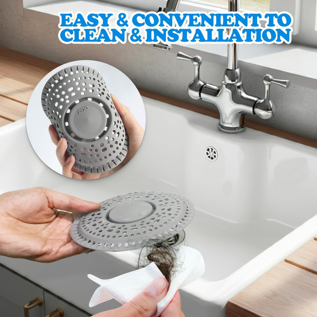 zaa Shower Drain Hair Catcher, 2 Pack Premium Silicone Drain Protector & Shower Drain Cover, Shower Installation Kits for Flat Drains of Shower Room, Bathroom, Gray