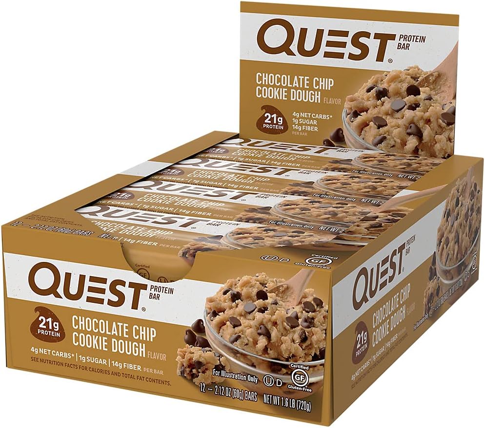 Quest Nutrition Chocolate Chip Cookie Dough Protein Bars, High Protein, Low Carb, Gluten Free, Keto Friendly, 12 Count