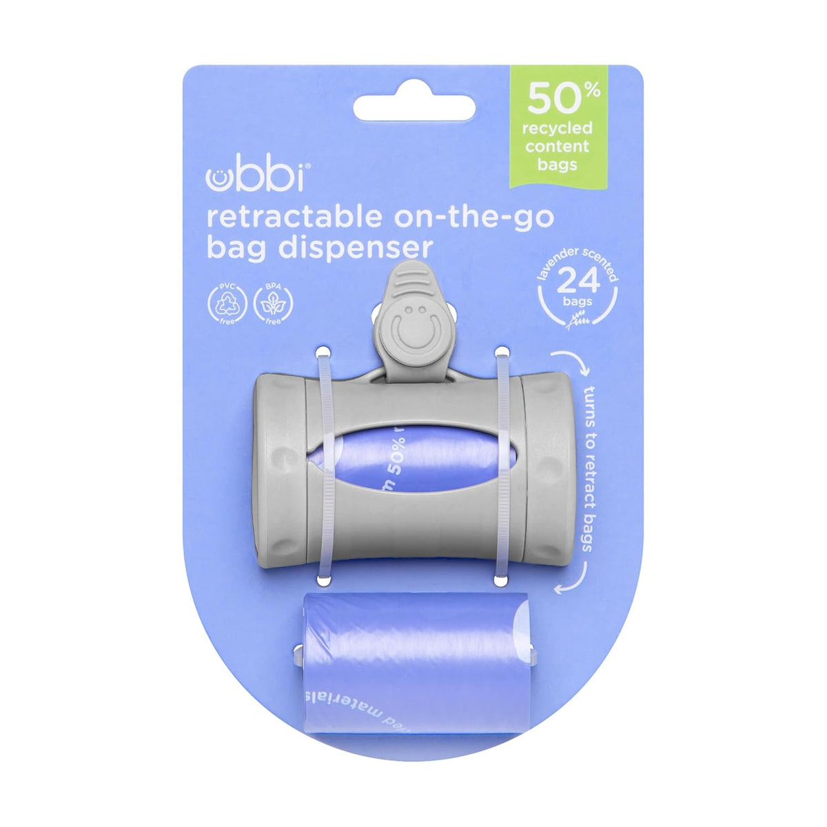 Ubbi Retractable On the Go Bag Dispenser for Travel, Diaper Bag Accessory Must Have for Newborn, Helpful Item, Baby Gift, Lavender Scented, Gray