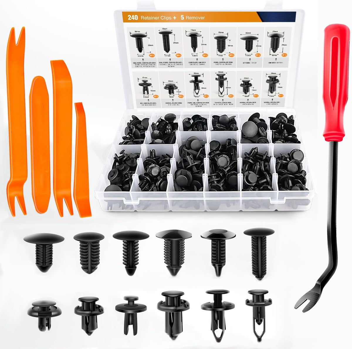 GOOACC 240PCS Bumper Retainer Clips Car Plastic Rivets Fasteners Push Retainer Kit 12 Popular Sizes Auto Push Pin Rivets Set -Door Trim Panel Fender Clips for GM Ford Toyota Honda Chrysler