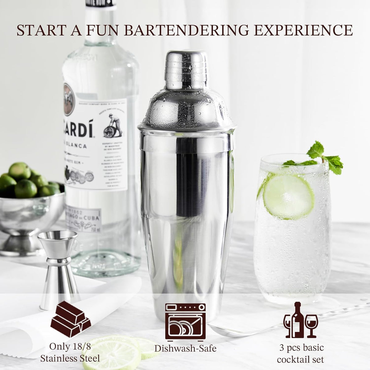Cocktail Shaker, KITESSENSU 24oz Drink Shaker with Bartender Strainer, Measuring Jigger, Bar Mixing Spoon, Cocktail Recipe Guide, Professional Drink Mixer Set for Beginners, Silver