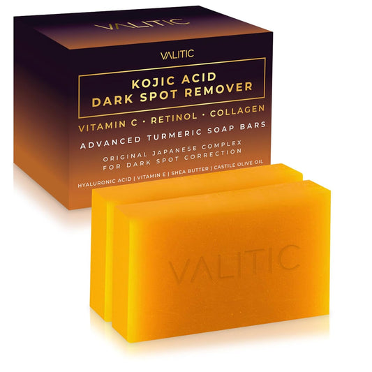 VALITIC Kojic Acid Dark Spot Remover Soap Bars with Vitamin C, Retinol, Collagen, Turmeric - Original Japanese Complex Infused with Hyaluronic Acid, Vitamin E, Shea Butter, Castile Olive Oil (2 Pack)