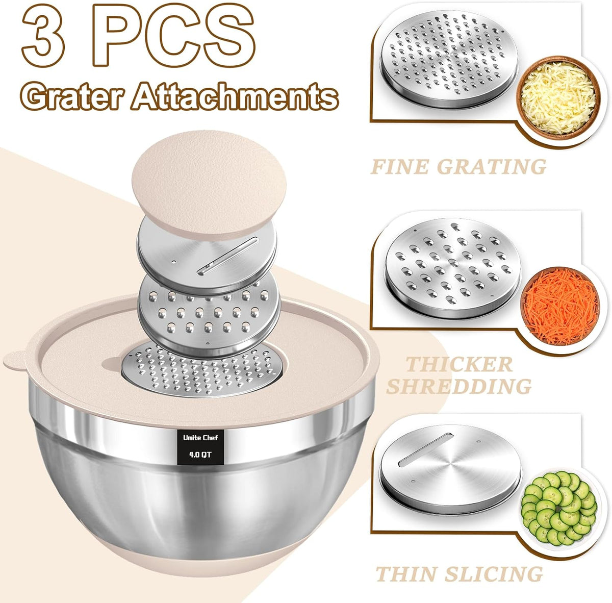 Umite Chef Mixing Bowls with Airtight Lids Set, 8PCS Stainless Steel Khaki Nesting Bowls with Grater Attachments, Kitchen Bowls with Non-Slip Bottoms, Size 5, 4, 3.5, 2, 1.5QT for Mixing & Serving