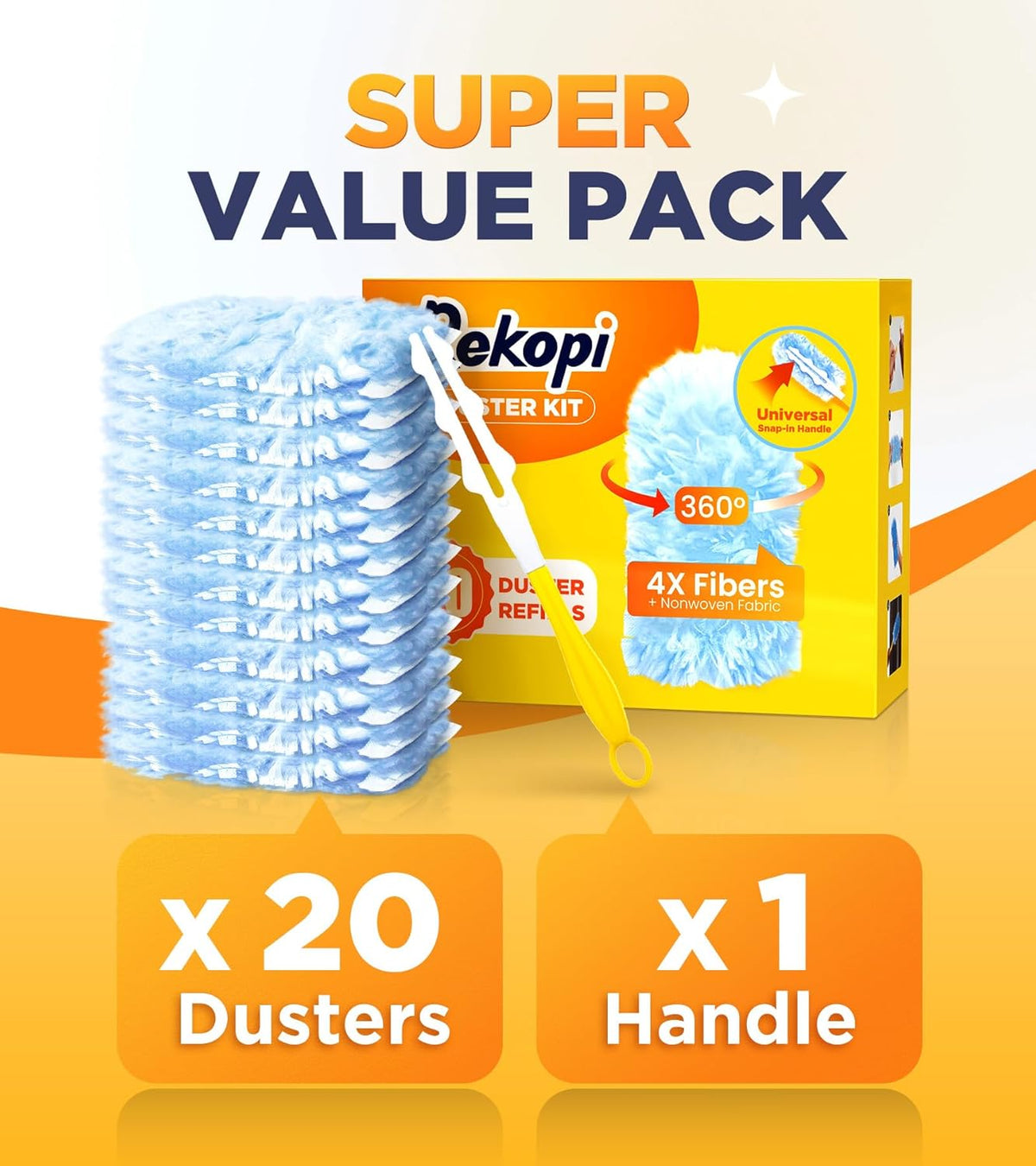 Heavy Duty Duster Refills for Swiffer Duster, 20 Count Duster Refills with 1 Handle, Multisurface 360?Dusters with 4X Microfibers, Unscented Disposable Dusters for Cleaning