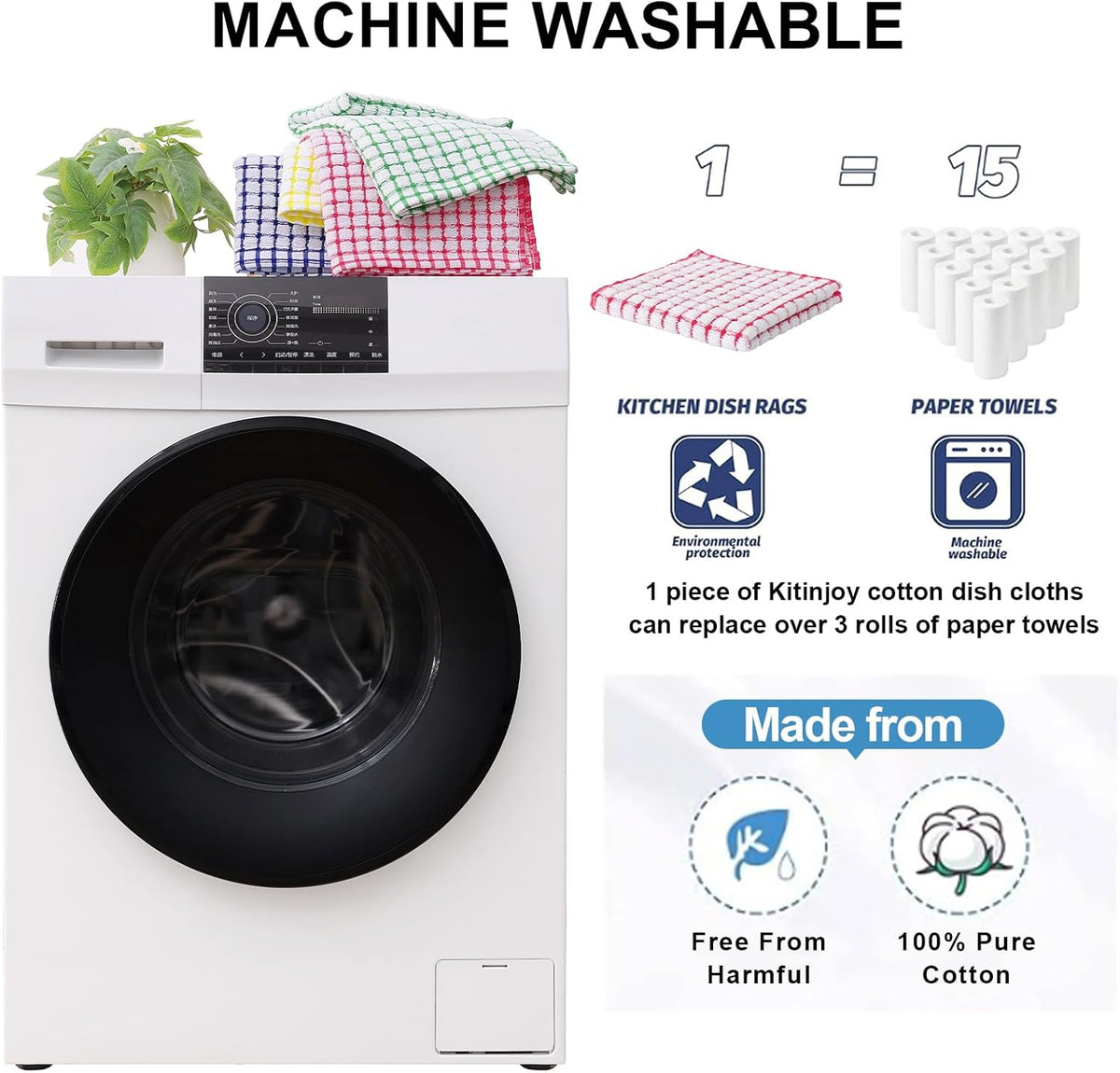 Kitinjoy Cotton 8 Pack Terry Kitchen Dish Cloths, 12 x 12 Inches Super Soft and Absorbent Dish Rags, Quick Drying Dish Towels for Washing Dishes, Mixed Color