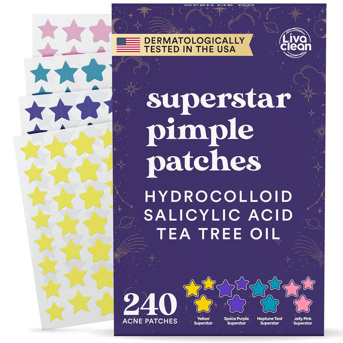 Livaclean Star Pimple Patches for Face w/ Hydrocolloid, Tea Tree oil & Salicylic Acid - Zit Stickers, Hydrocolloid Acne Patches for Face - Cute Pimple Patch, Acne Stickers | w/Hydrocolloid, Salicylic Acid, Tea Tree, Healing Stickers, Zit Superstar