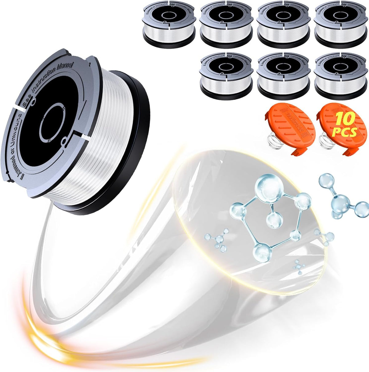 10 Pack Weed Eater String Compatible with Black+Decker, AF-100 0.065" Weed Wacker String Refill 240ft Automatic Feed String Trimmer Replacement Spool Line for Black&Decker(8 Spool+2 Cap+2 Spring)