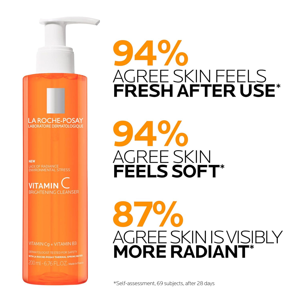 La Roche-Posay Vitamin C Brightening Face Wash, Gentle Foaming Facial Cleanser with Vitamin Cg and Vitamin B3 to Brighten and Even Skin Tone, Vitamin C Face Wash that Cleanses Dirt & Makeup, 200ml