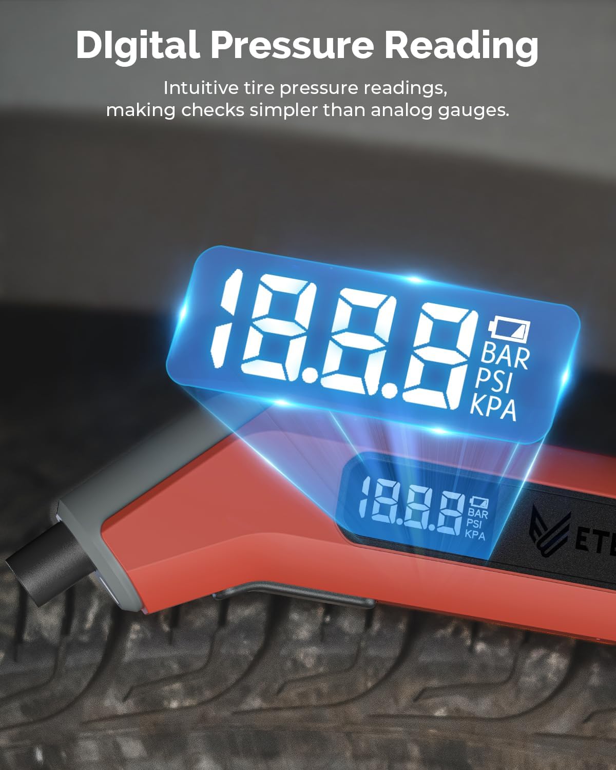 ETENWOLF T300 Digital Tire Pressure Gauge 3-200 PSI, Industrial Tire Gauge Calibrated to ANSI B40.7 Grade 2A(Plus-Minus 0.5%), Replaceable AAA Batteries (Vivid Orange)