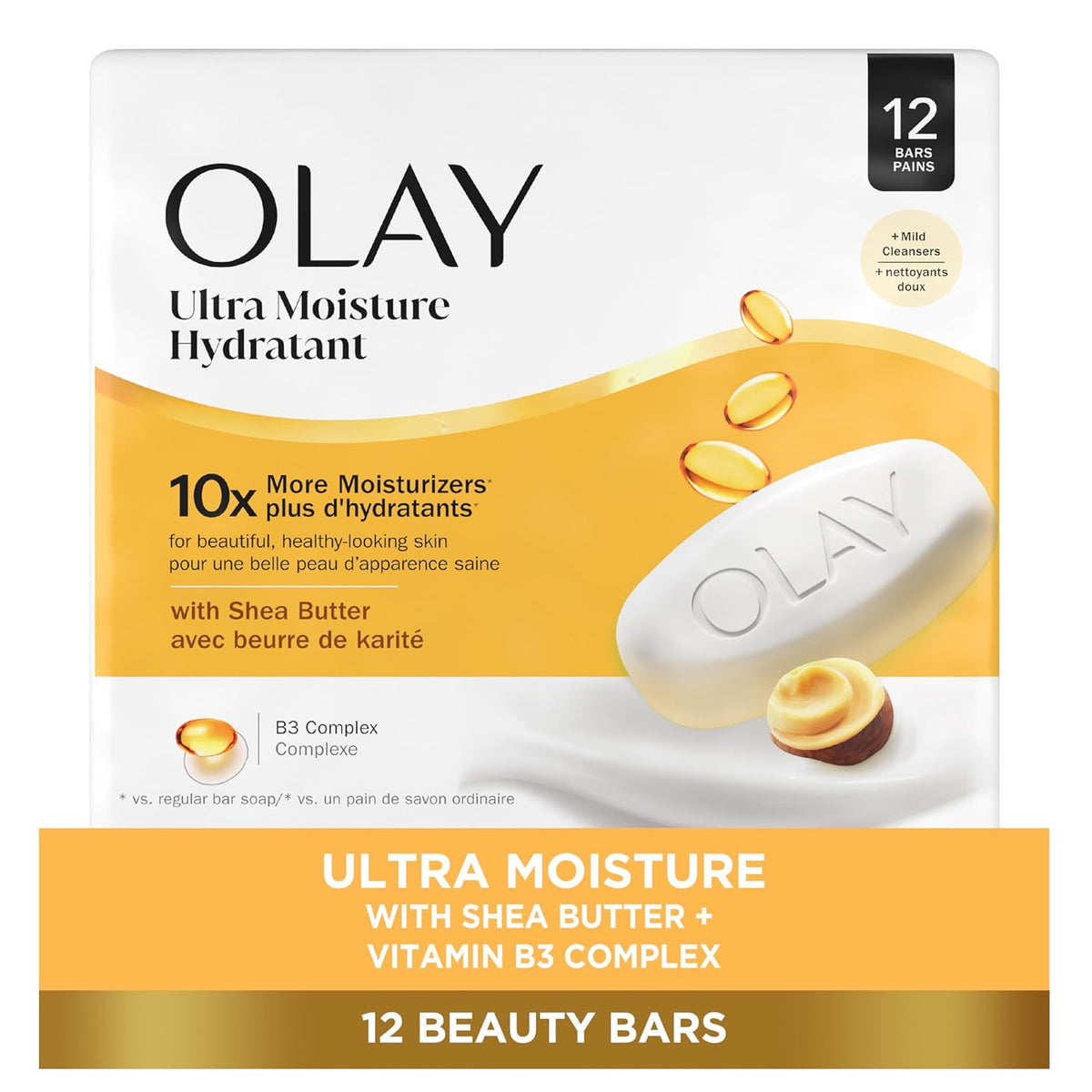 Olay Beauty Bar, Ultra Moisture,10x More Moisturizers, Nourishing Conditioners, Smooth & Gentle on Skin, Vitamin B3 Complex, For All Skin Types, Shea Butter Scent, 3.17 oz, (Pack of 12)