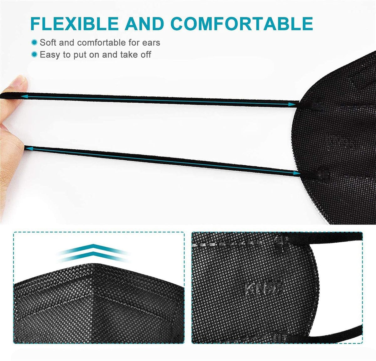 LEMENT 50pcs KN95 Face Mask Black 5 Layer Cup Dust Safety Masks Filter Efficiency=95% Breathable Elastic Ear Loops Black Masks