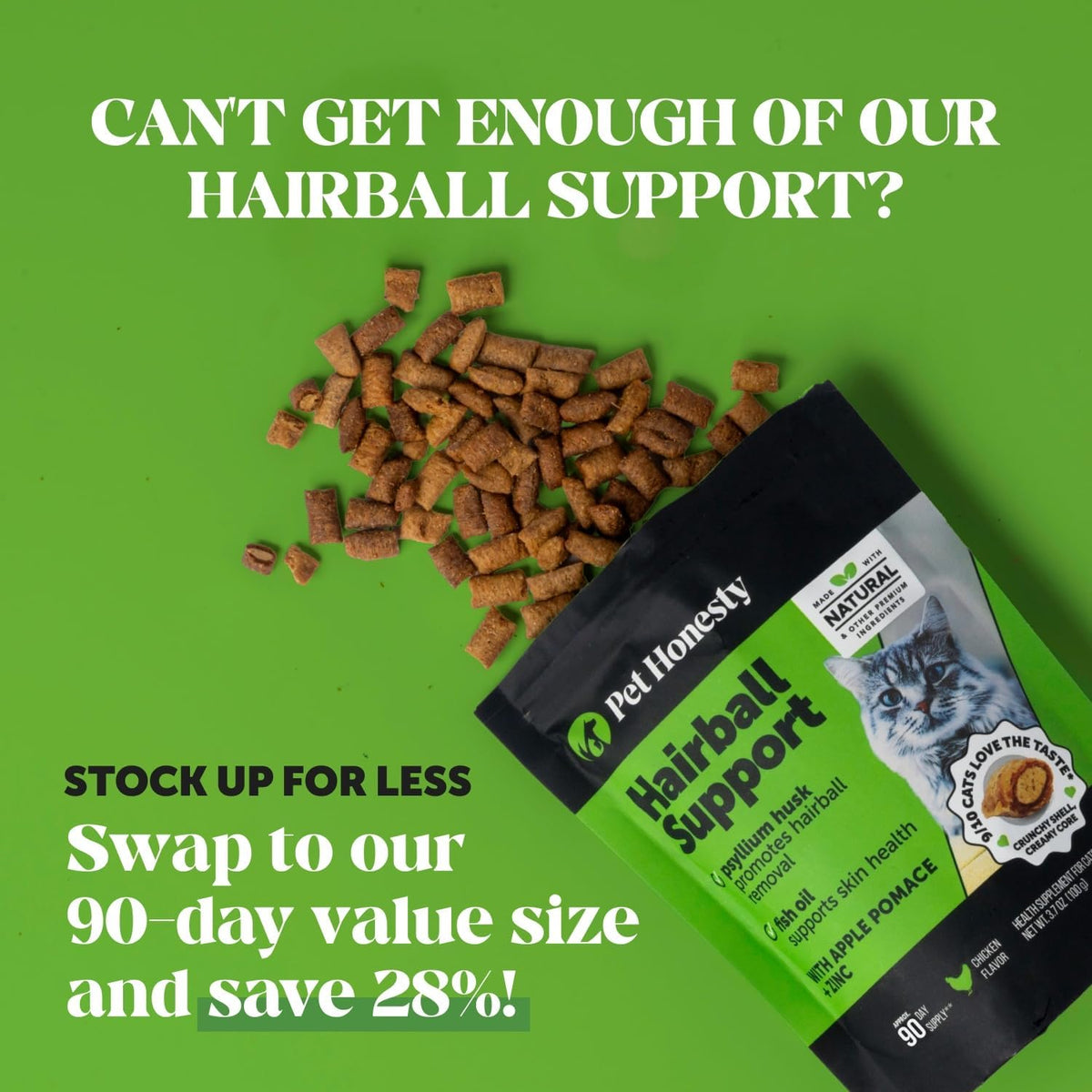 Cat Hairball Support Crunchy & Creamy Chews, Hairball Remedy Treats, Cat Furball Treatment, Supports Skin & Coat, Vitamins for Digestion, Chicken (30-Day Supply)