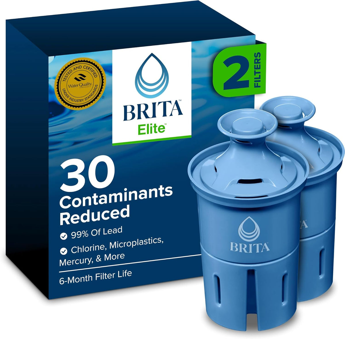 Brita Filter Replacements for Water Pitchers and Dispensers, Elite, NSF Certified to Remove 99% of Lead, 2 Count, Blue