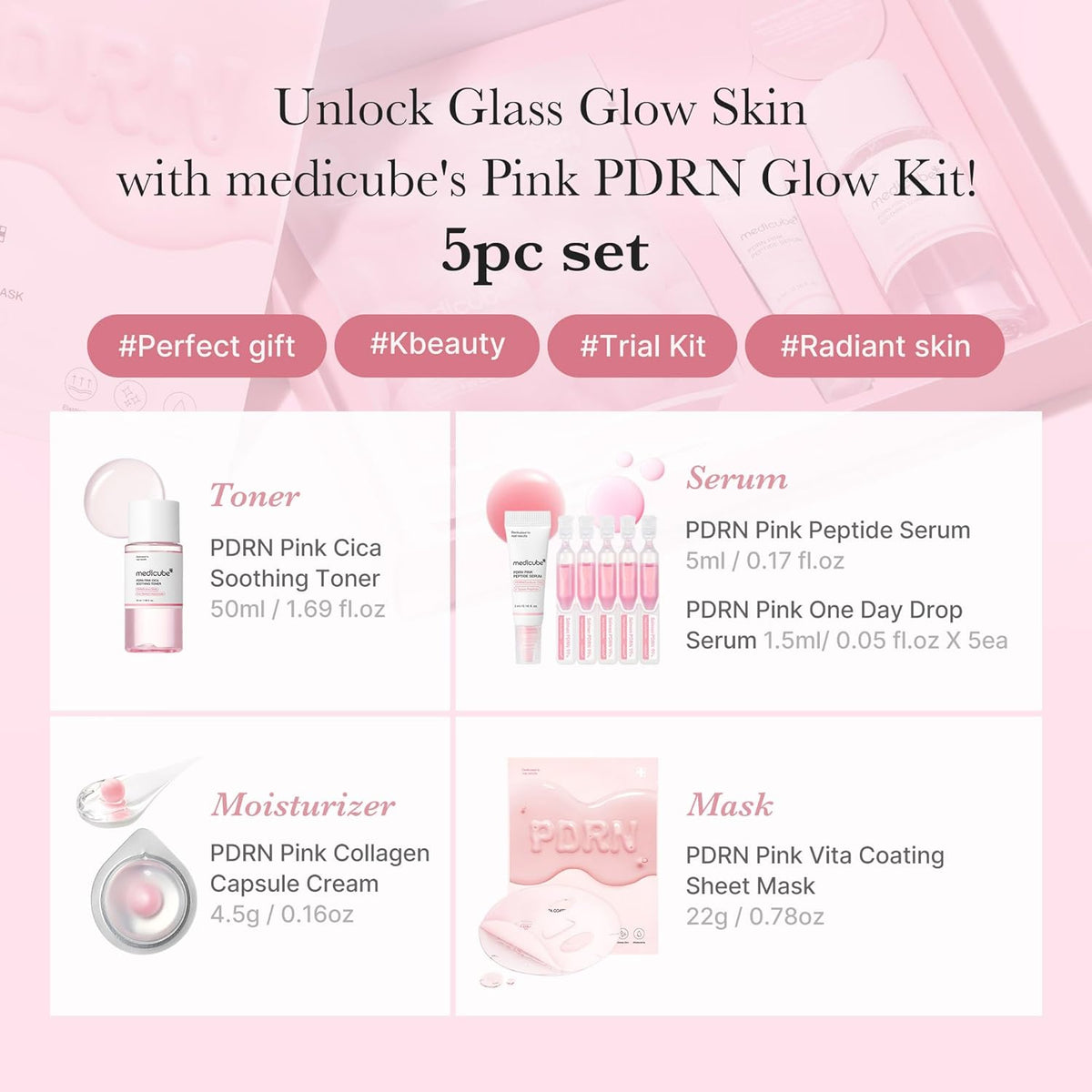 medicube Salmon DNA PDRN Trial Kit | Glass Glow Mini Skincare Set with Toner, Serum & Sheet Mask for Hydrating, Firming, Moisturizing |Gift & Travel Essentials for Women & Girls | Korean Skincare