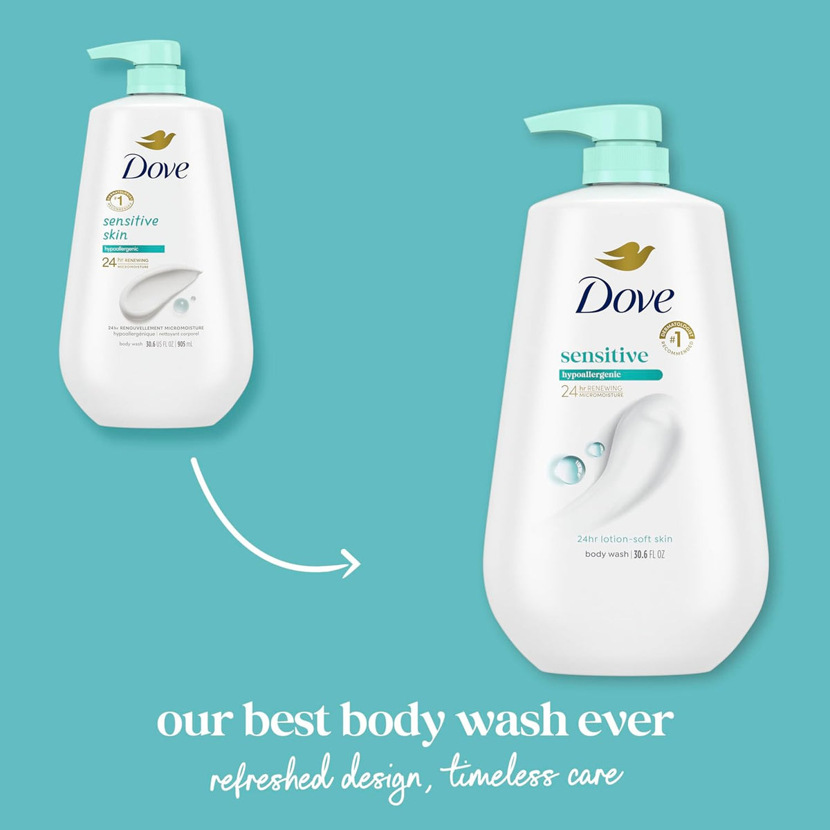 Dove Body Wash with Pump Sensitive Skin For 24hr Lotion-Soft Skin Moisturizing Skin Cleanser Gentle Hypoallergenic Formula with No Sulfates No Parabens 30.6 oz