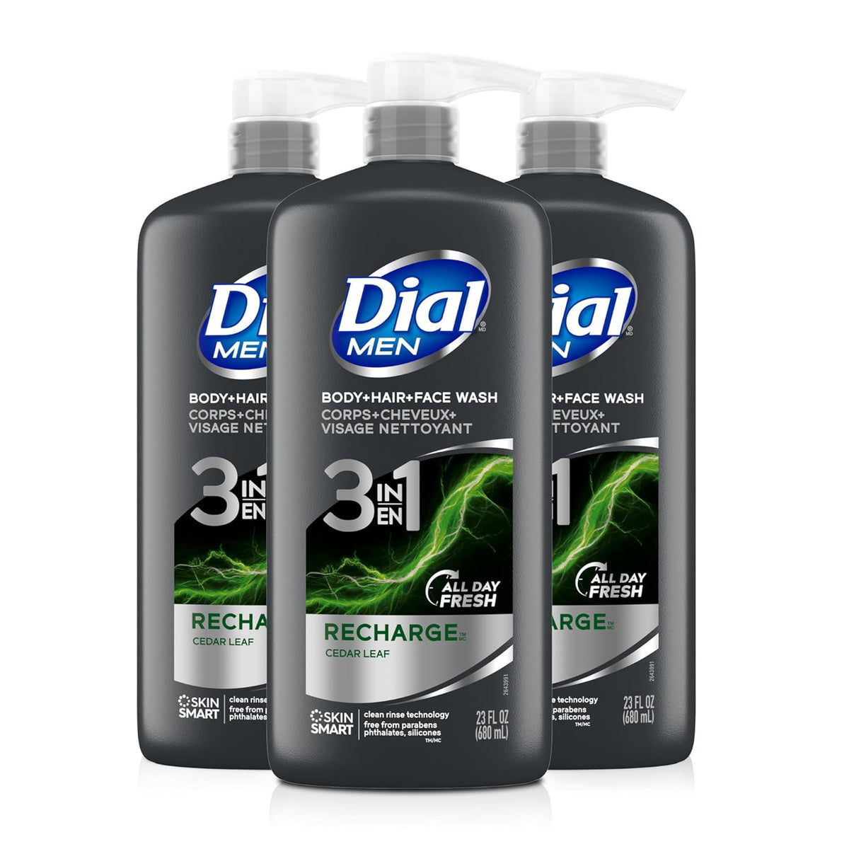Dial Men 3in1 Body, Hair and Face Wash, Recharge, 69 fl oz (3-23 fl oz Bottles)