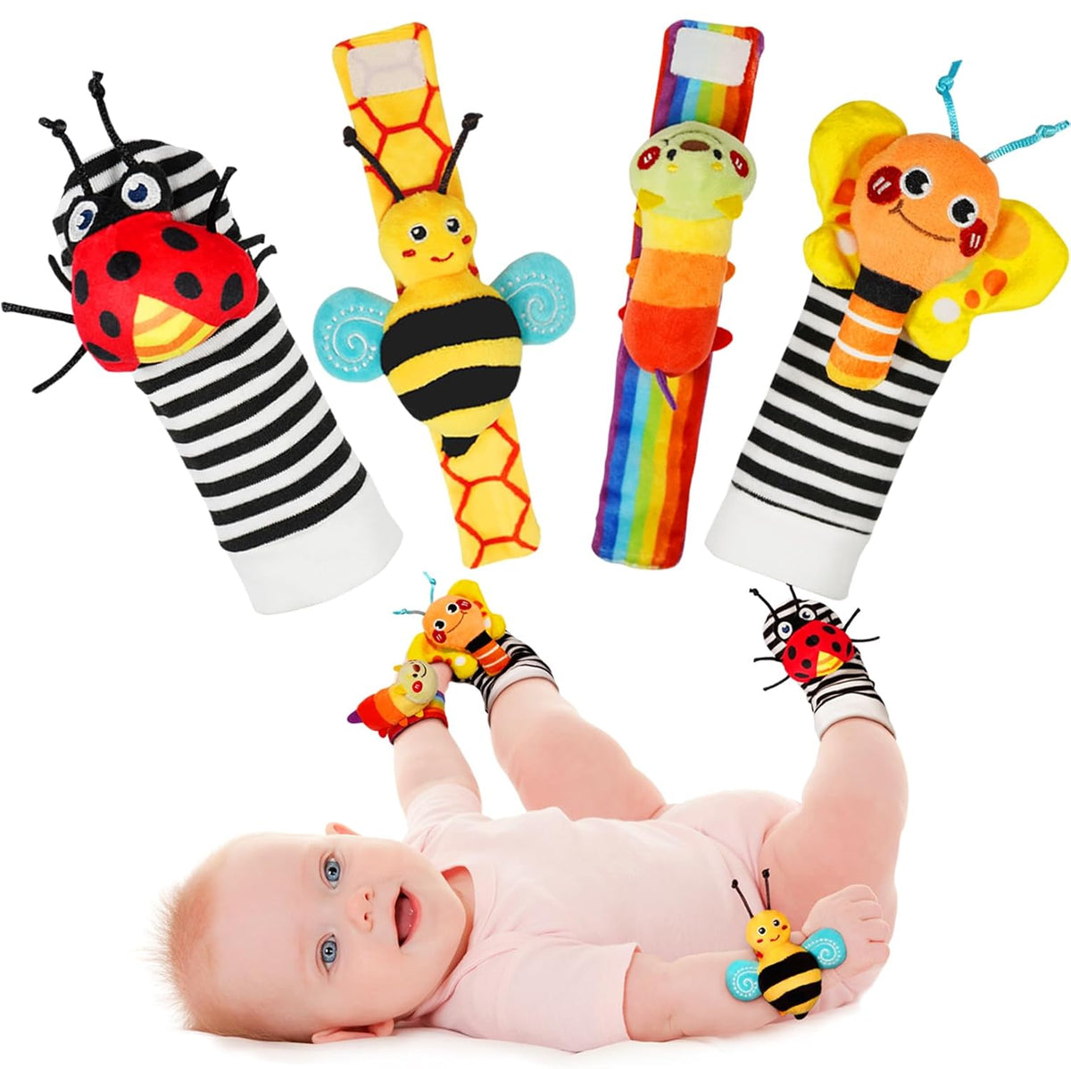 Infinno Baby Wrist Rattle Socks and Foot Finder Set, Perfect Baby Toys for 0-12 Months Newborn Boys and Girls As Shower Gifts, Garden Bug Series
