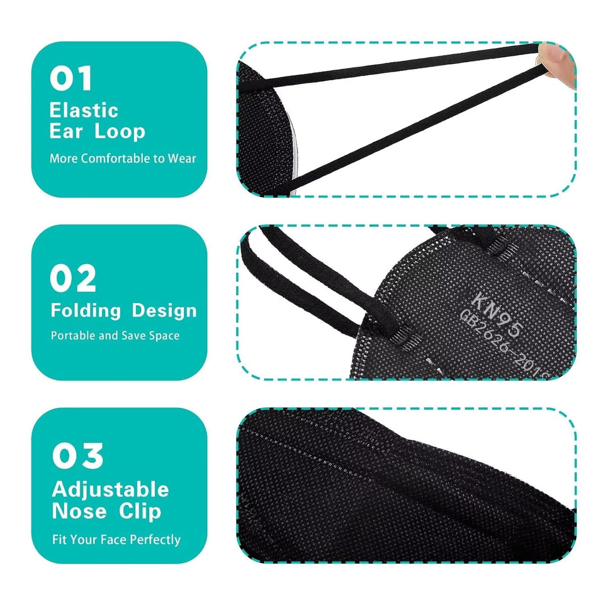 LEMENT 50pcs KN95 Face Mask Black 5 Layer Cup Dust Safety Masks Filter Efficiency=95% Breathable Elastic Ear Loops Black Masks