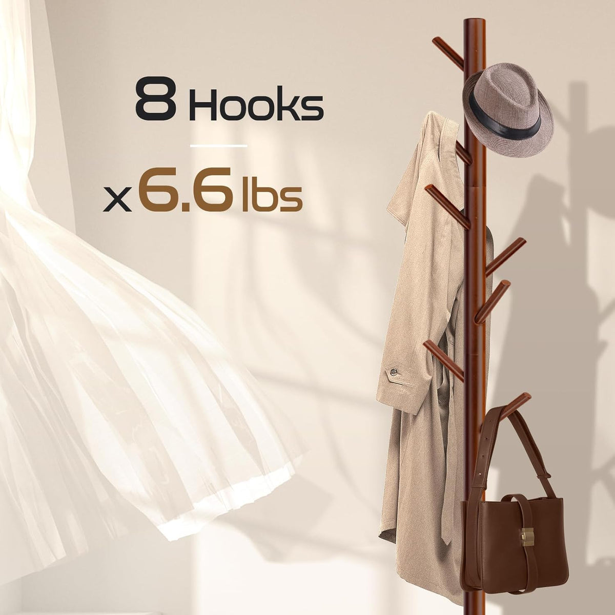Solid Wooden Coat Rack Freestanding, New Zealand Pine Coat Tree with 8 Hooks & 3 Adjustable Sizes for Coats, Hats, Handbags and Scarves, Space Saving for Entryway/Office/Bedroom (Brown)