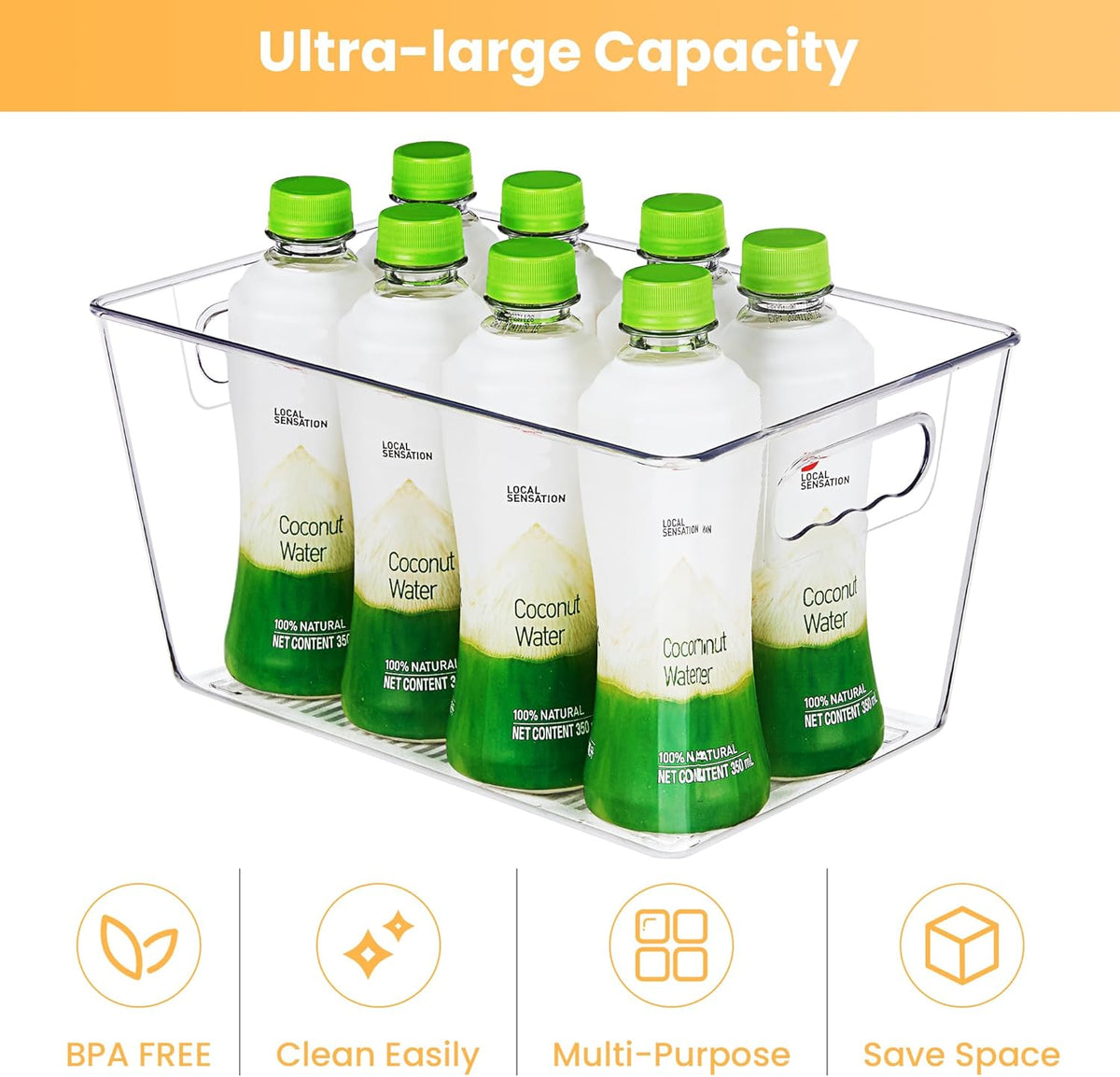 YIHONG 6 Pack Clear Pantry Organizer Bins, Plastic Containers with Handle for Kitchen,Freezer,Cabinet,Closet,Bathroom Under Sink Storage