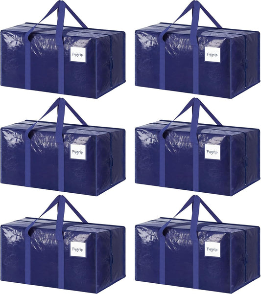 6 Pack Extra Heavy Duty Large Moving Bags with Strong Zipper & Comfortable Handles, Sturdy & Durable Clothes Storage Bags Totes Bins, Blue Packing Moving Boxes for College Supplies, Dark Blue