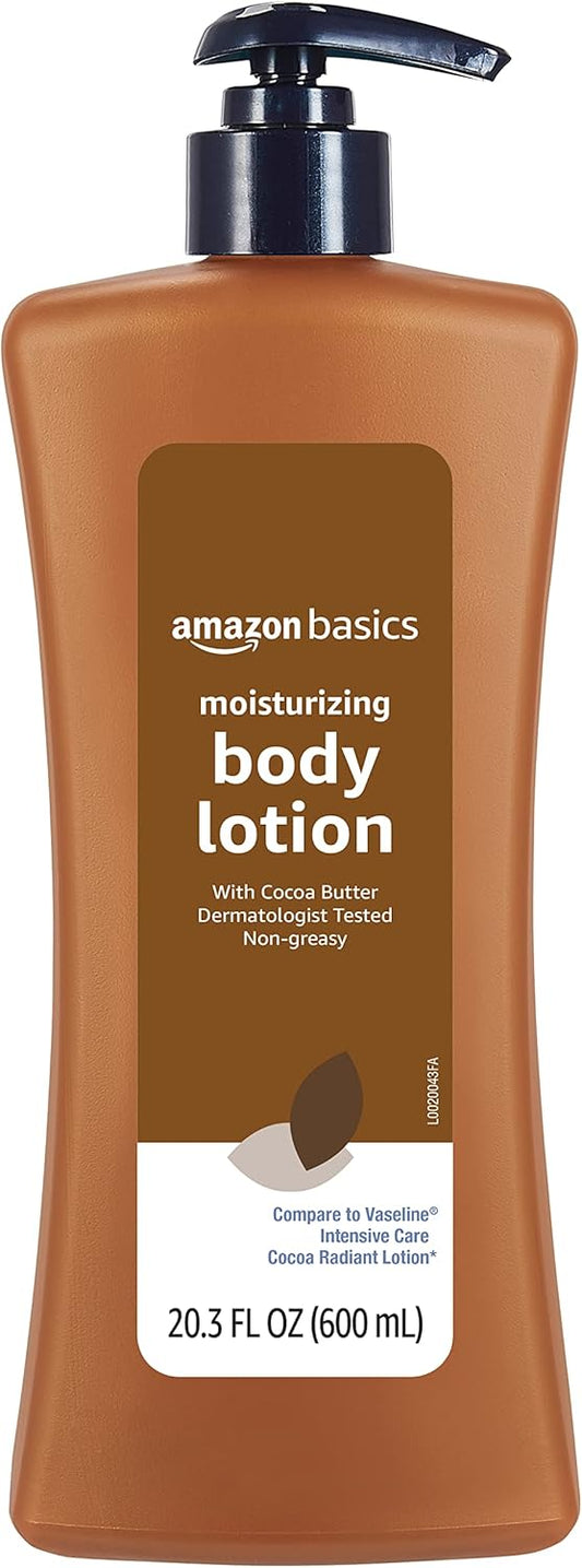 Amazon Basics Moisturizing Cocoa Butter Body Lotion for Dry Skin, Non-Greasy, Paraben Free, Lightly Scented, 20.3 Fl Oz