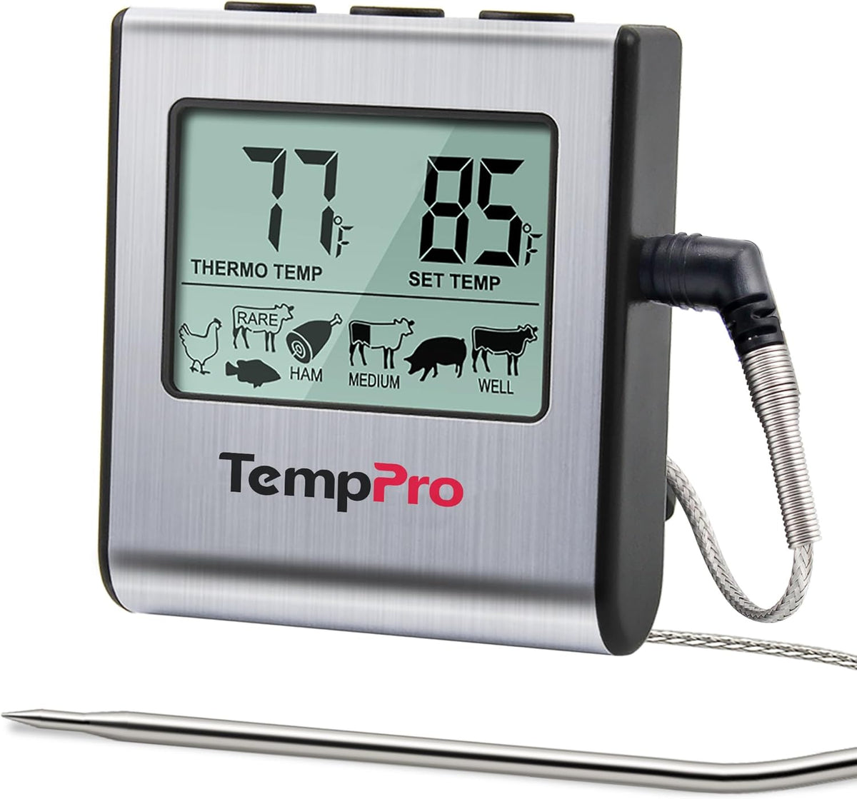 TempPro TP16 Large LCD Digital Cooking Food Meat Thermometer for Smoker Oven Kitchen BBQ Grill Thermometer Clock Timer with Stainless Steel Temperature Probe(Previously ThermoPro)