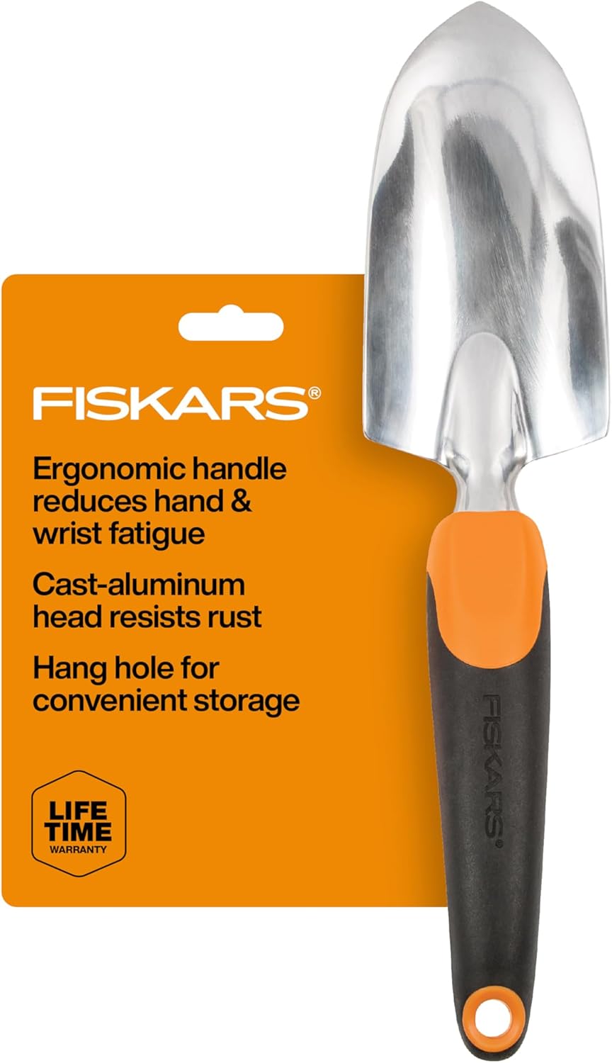Fiskars Trowel, Heavy Duty Gardening Hand Tool with Hang Hole, For Digging and Planting, Rust Resistant Cast Aluminum, Ergonomic Handle and Comfort Grip, Gardening Tools for Yard