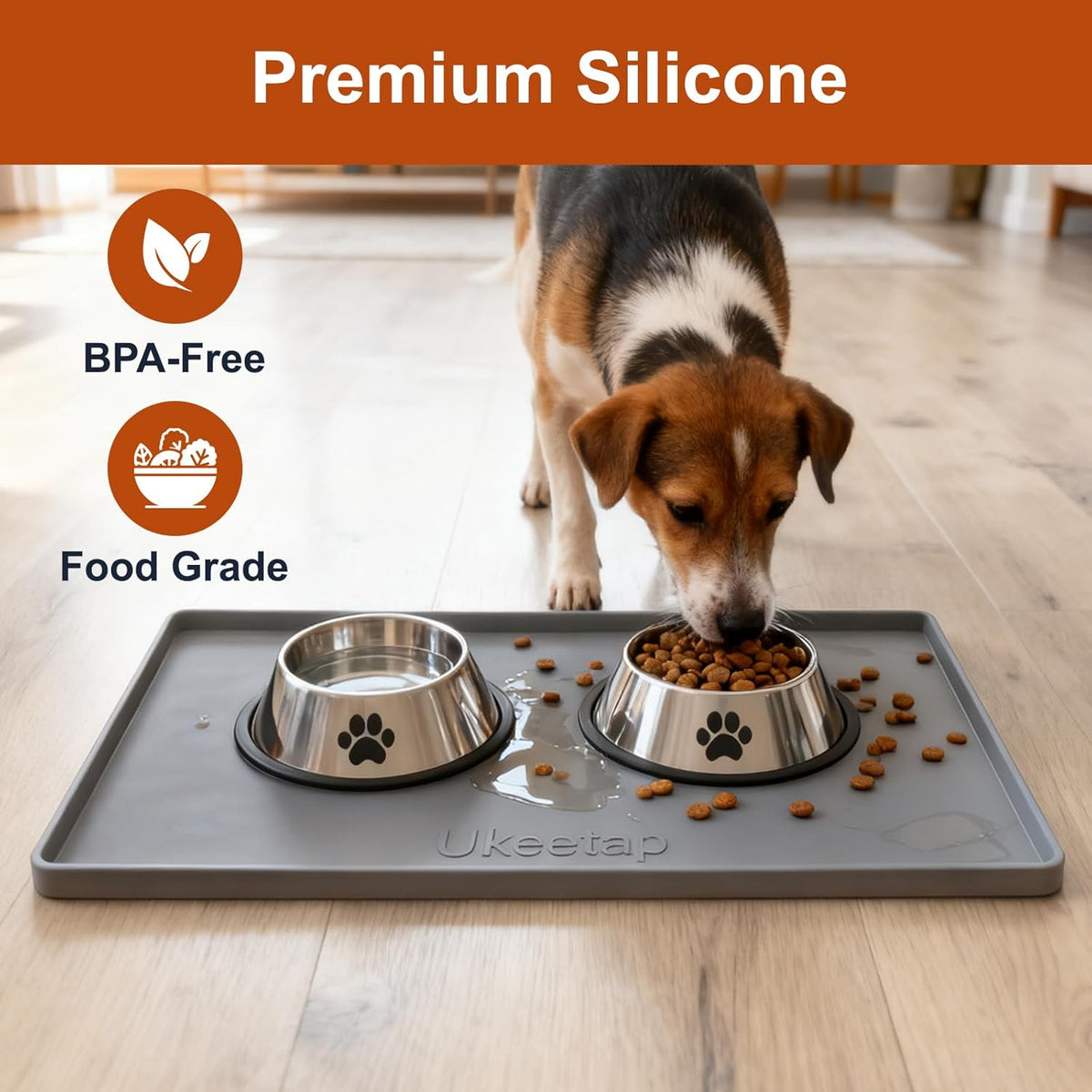 ukeetap Extra Thick Silicone Mat Waterproof with Raised Edge 19?x 12? BPA Free Non-Slip Dog & Cat Food Mat, Feeding Mat for Food and Water Bowls, Spill Proof Mat to Protect Floors, Gray